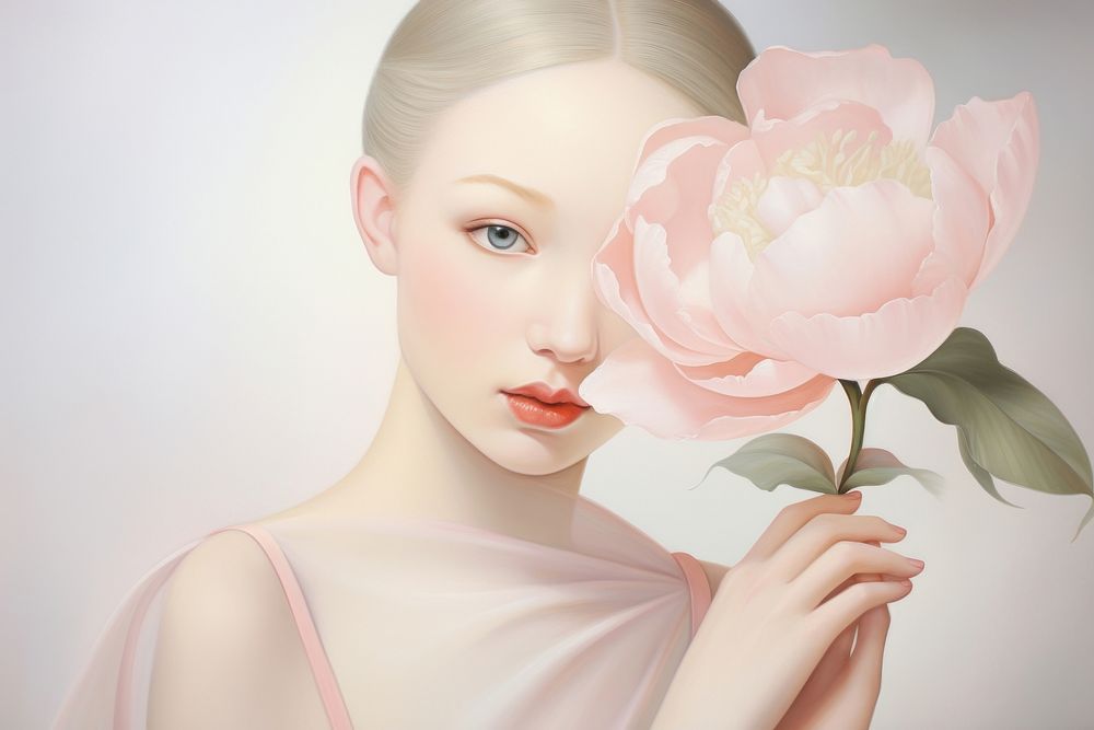 Painting of girl with peony portrait flower adult.