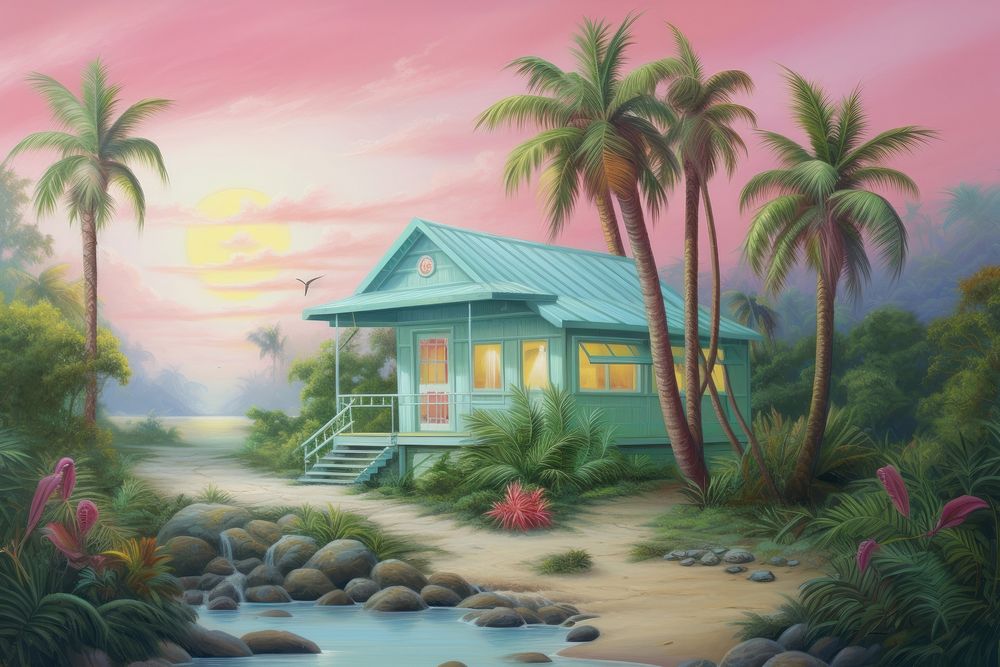 Painting of house in jungle architecture building outdoors.