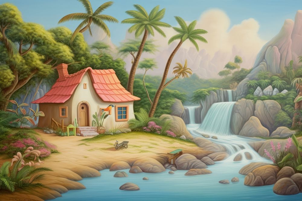 Painting of house in jungle architecture landscape building.