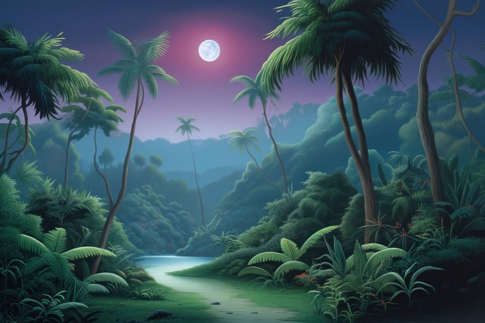 Painting of jungle at night vegetation landscape outdoors.