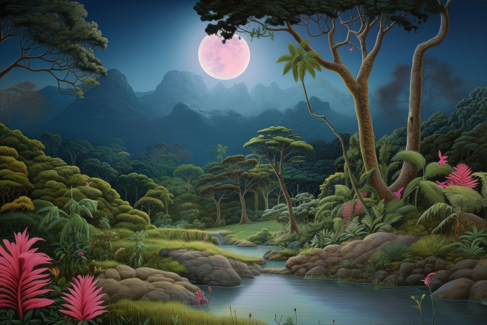 Painting of jungle at night landscape outdoors nature.