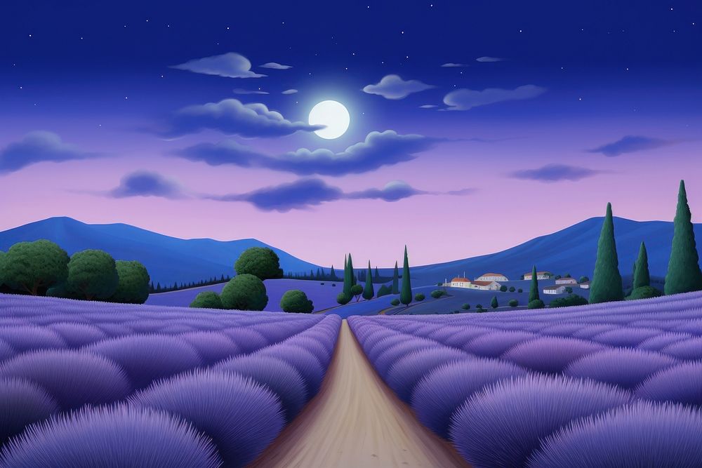 Painting of lavender field night landscape outdoors.