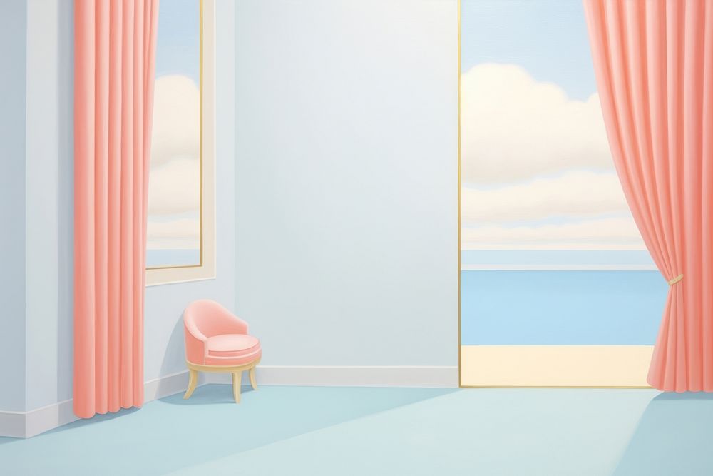 Painting of minimal curtain furniture window chair.