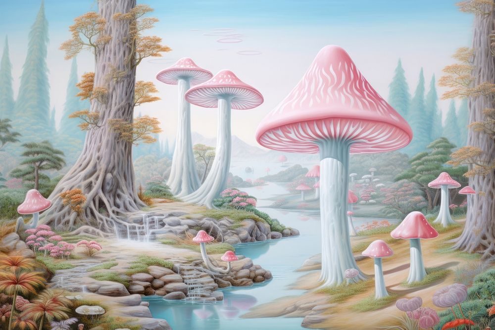 Painting of mushroom jungle outdoors fungus plant.