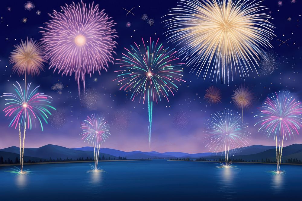 Painting of night sky fireworks outdoors nature.
