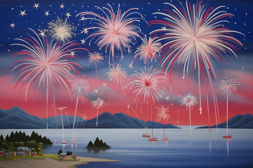 Painting of night sky fireworks outdoors nature.