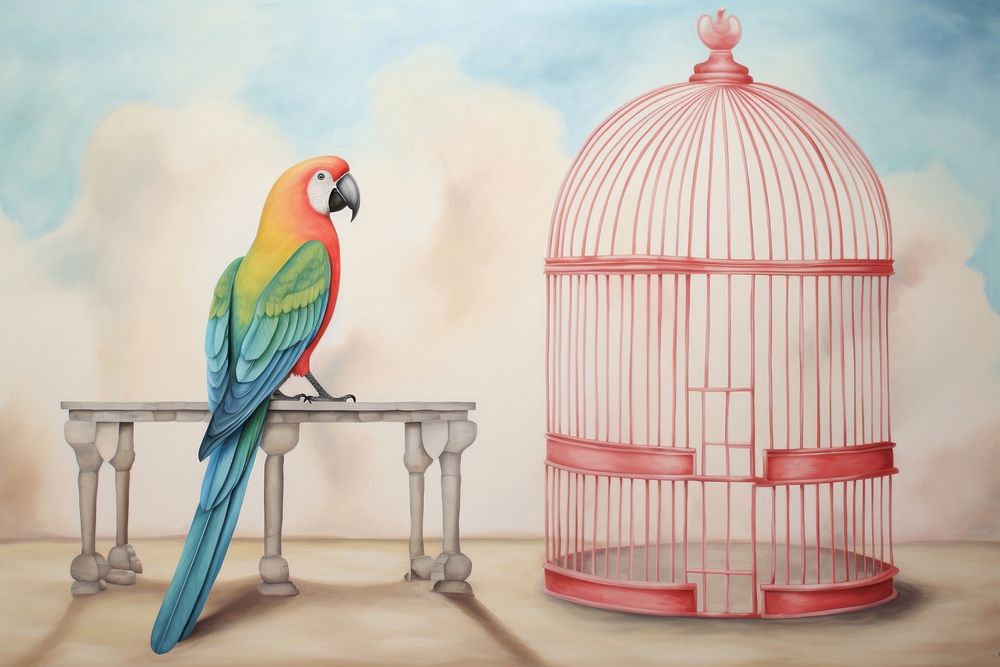 Painting of parrot in cage animal bird creativity.