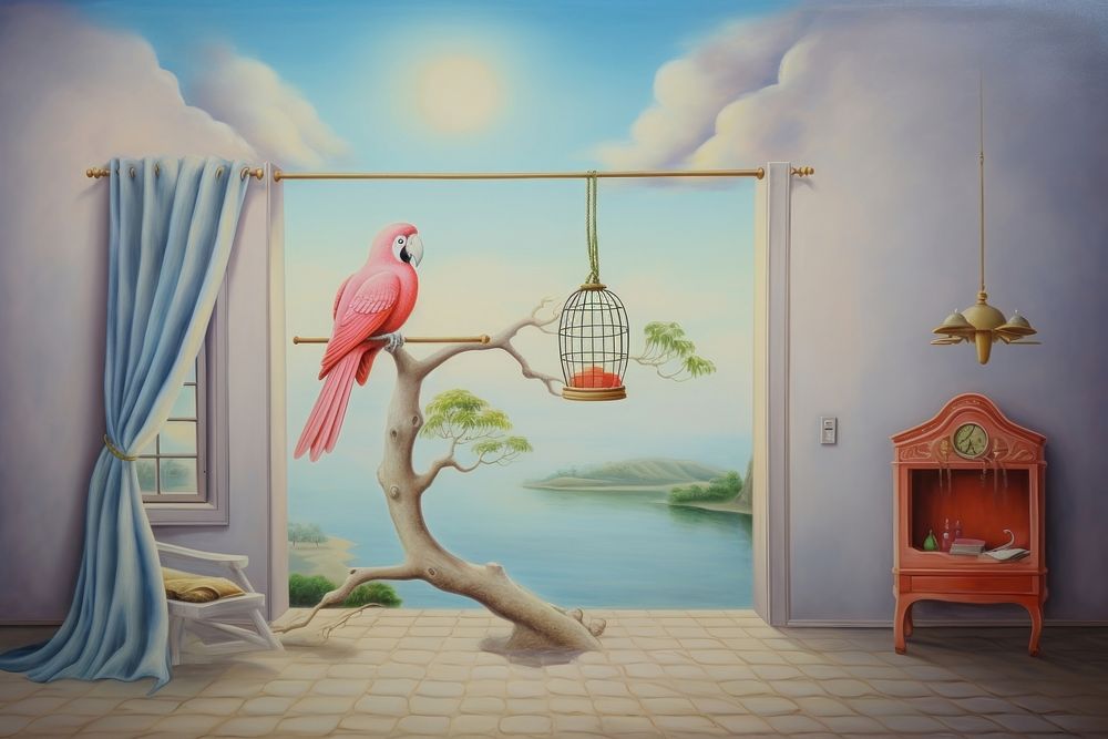 Painting of parrot in cage furniture bird room.