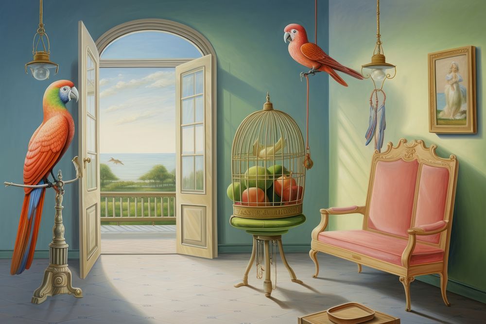 Painting of parrot in cage architecture furniture animal.