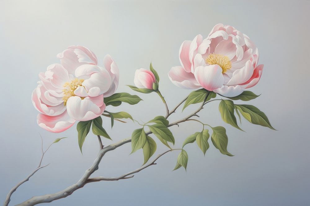 Painting of peony branch blossom flower plant.