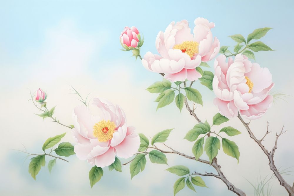 Painting of peony branch blossom flower nature.