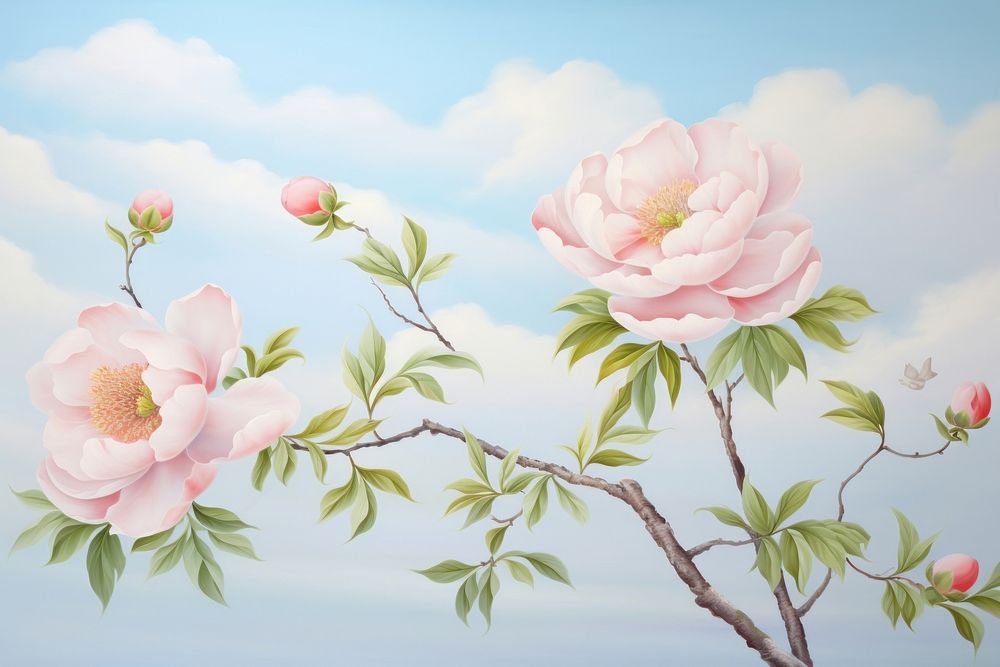 Painting of peony branch outdoors blossom flower.
