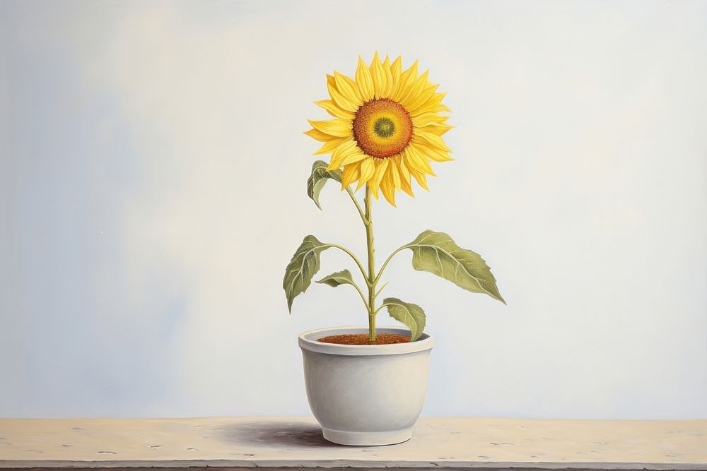 Painting of sunflower plant inflorescence houseplant.