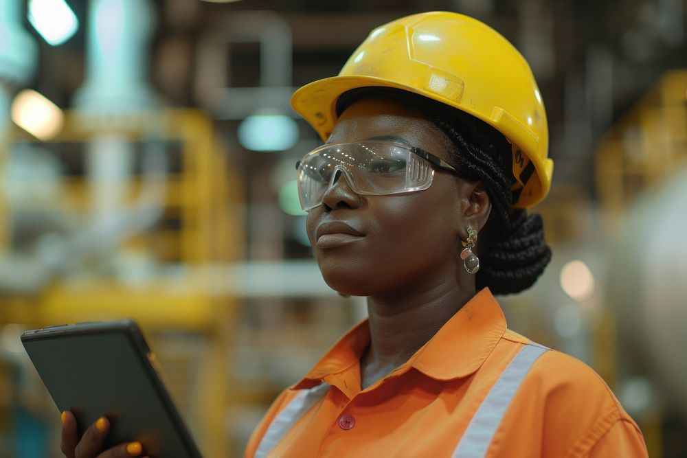 Petroleum oil refinery engineer black woman worker in oil and gas industrial with personal safety equipment PPE to…