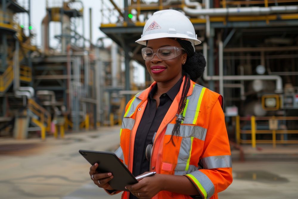 Petroleum oil refinery engineer black woman worker in oil and gas industrial with personal safety equipment PPE to…