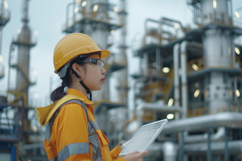 Petroleum oil refinery engineer woman worker in oil and gas industrial with personal safety equipment PPE to inspection…