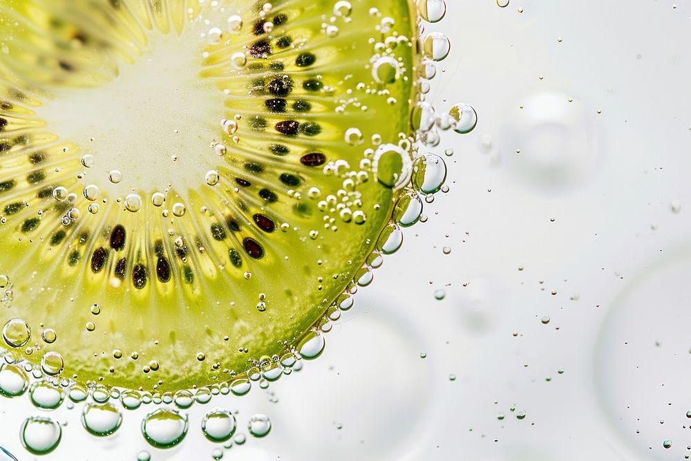 Halved kiwi oil bubble backgrounds fruit plant.