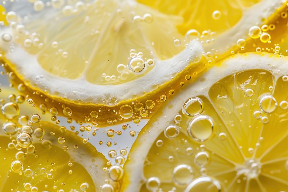 Lemon halved fruits oil bubble backgrounds food refreshment.