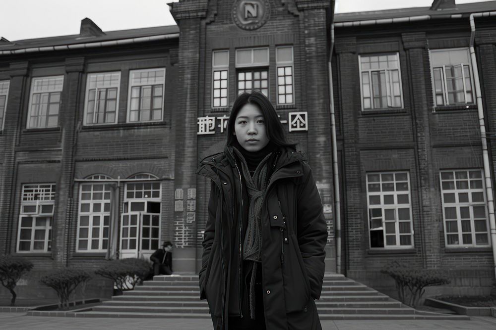 Teacher in front of the international school architecture photography building.