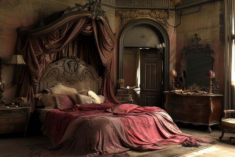 Victorian interior design furniture bedroom architecture.