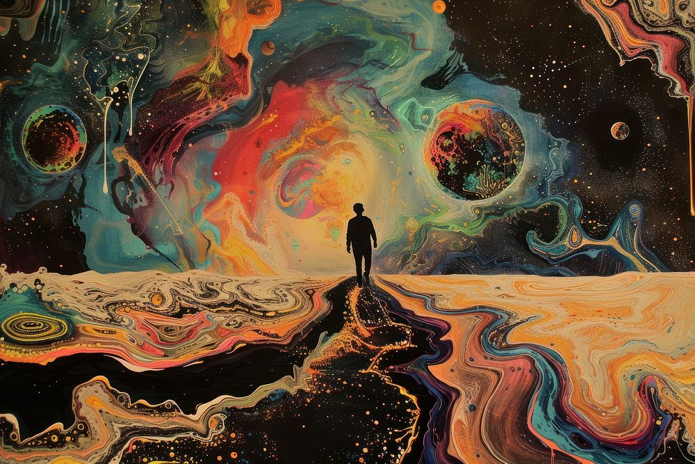 Man walks a planet art painting psychedelic art.