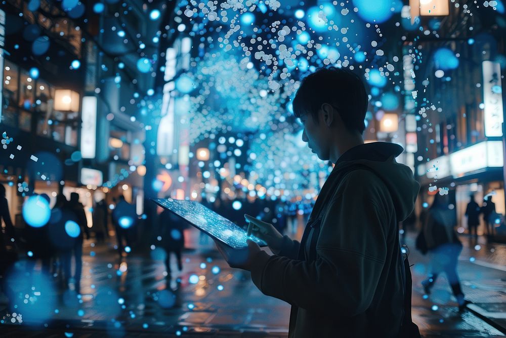 A man holding a tablet and interact with metaverse technology outdoors adult city.