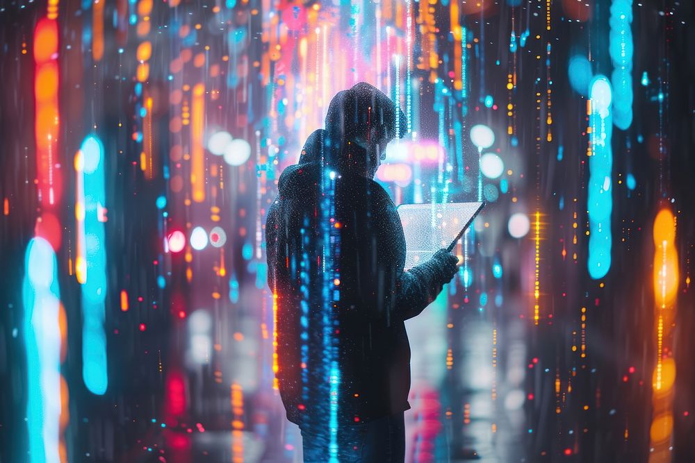 A man holding a tablet and interact with metaverse technology futuristic adult rain.
