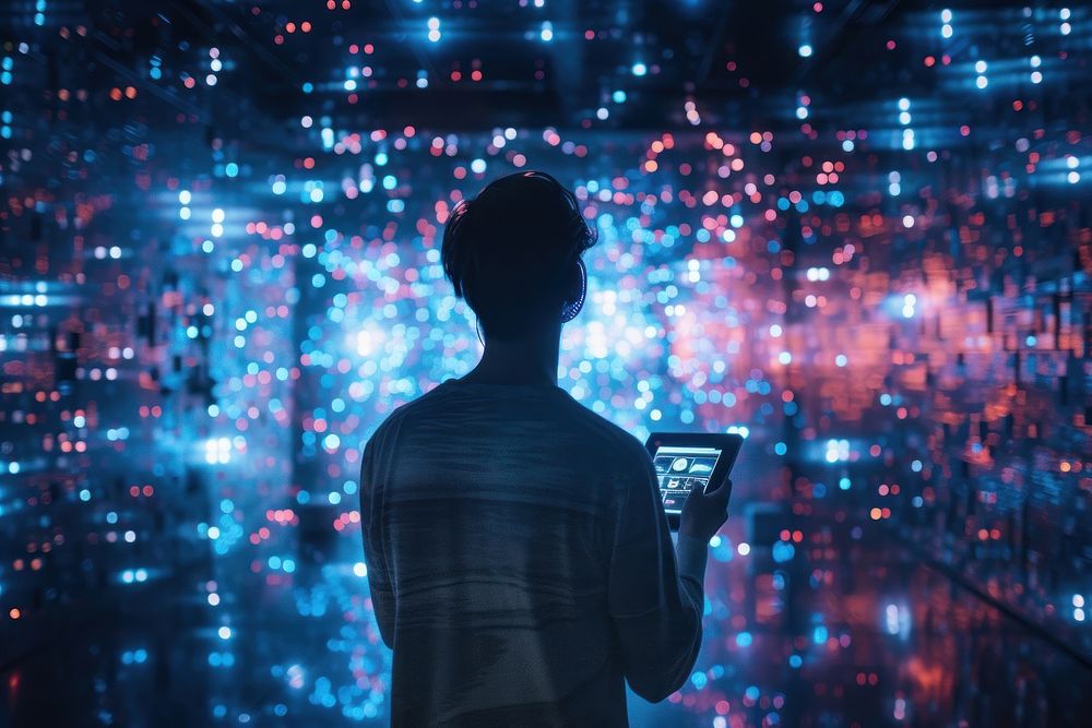 A man holding a tablet and interact with metaverse technology futuristic light adult.