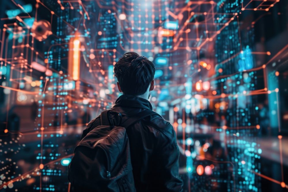 A man interact with metaverse technology futuristic adult illuminated.
