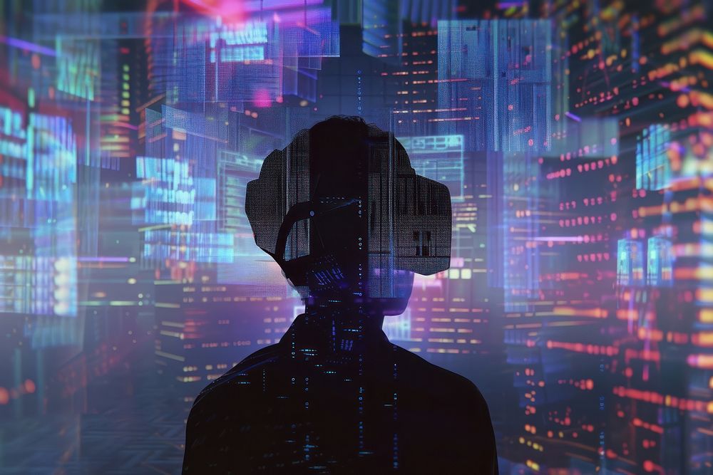A man interact with metaverse technology futuristic adult cyberspace.