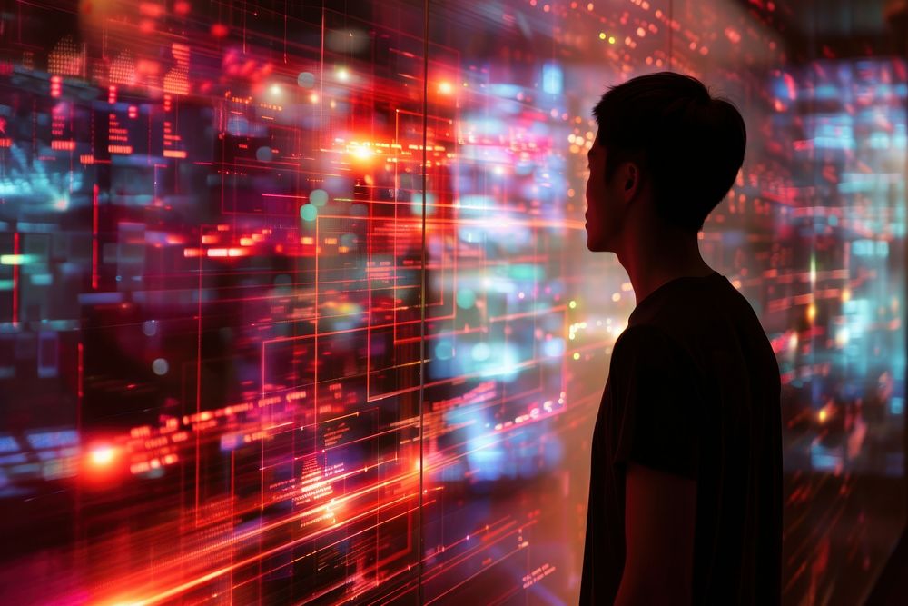 A man interact with metaverse technology light illuminated cyberspace.