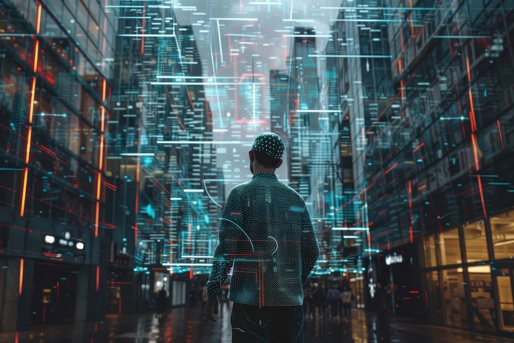 A man interact with metaverse technology futuristic adult city.