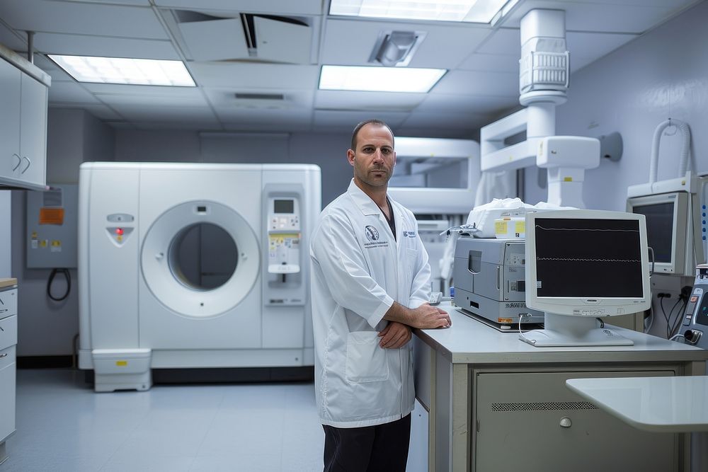 A american radiology technician standing in front a workstation laboratory hospital adult.