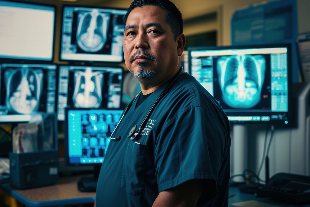 A american radiology technician standing in front a workstation adult electronics technology.
