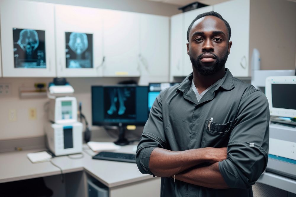 A black radiology technician standing in front a workstation computer adult electronics.