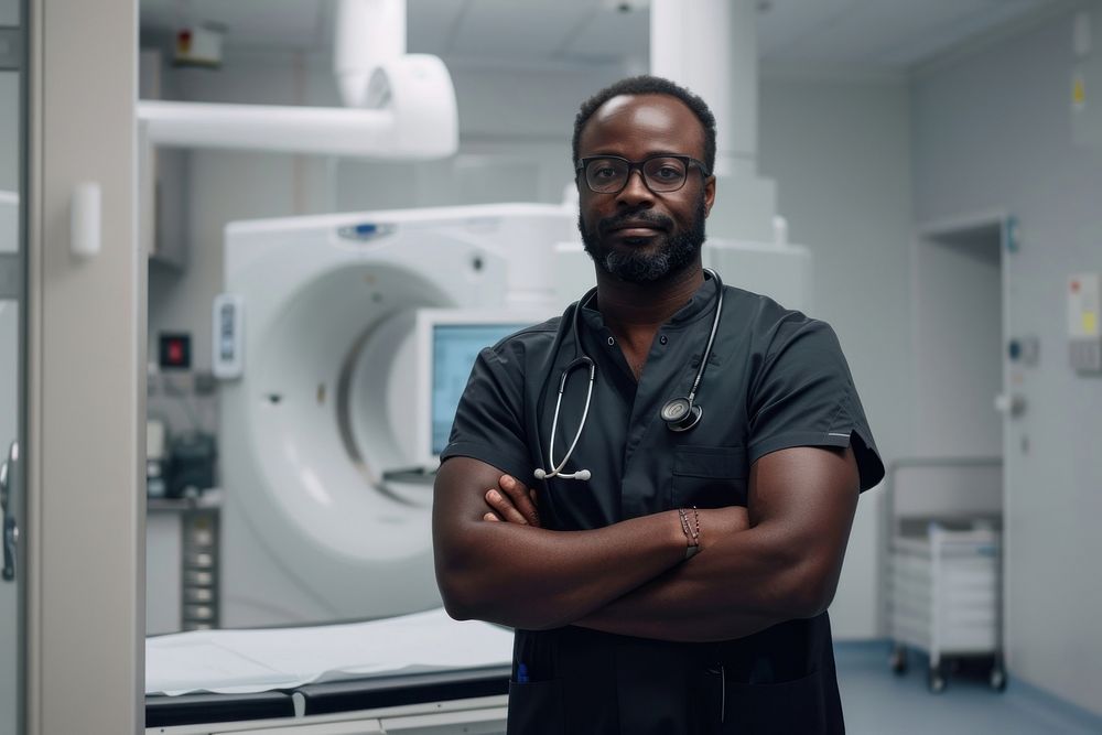 A black radiology technician standing in front a x-ray bed glasses adult accessories.