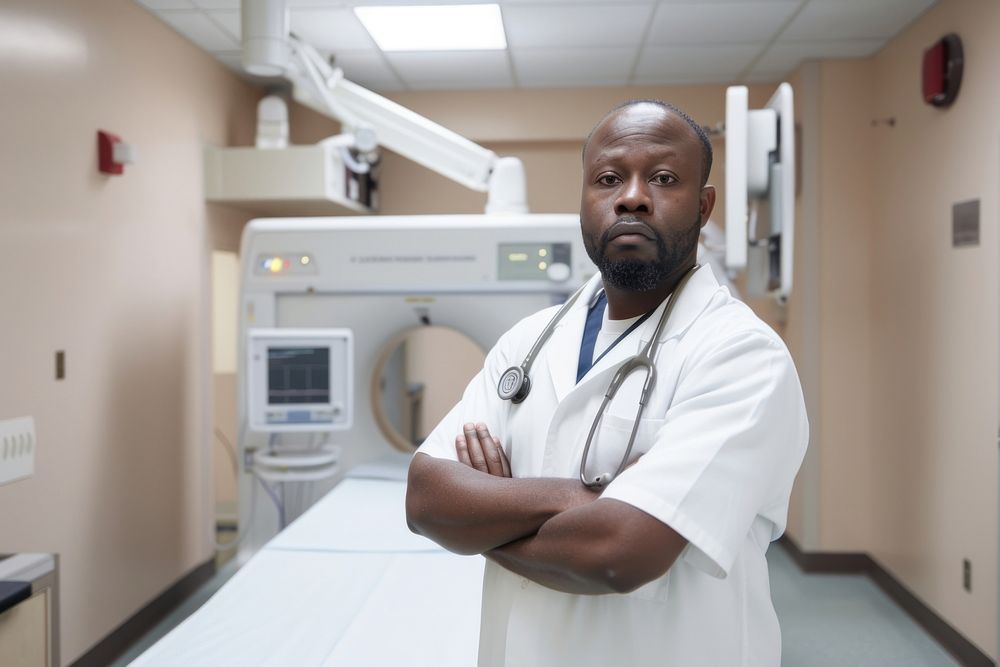 A black radiology technician standing in front a x-ray bed doctor adult architecture.