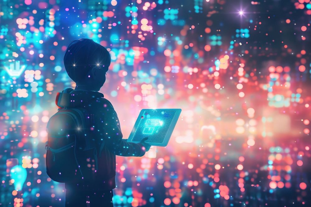A kid holding a tablet and interact with metaverse technology futuristic illuminated cyberspace.