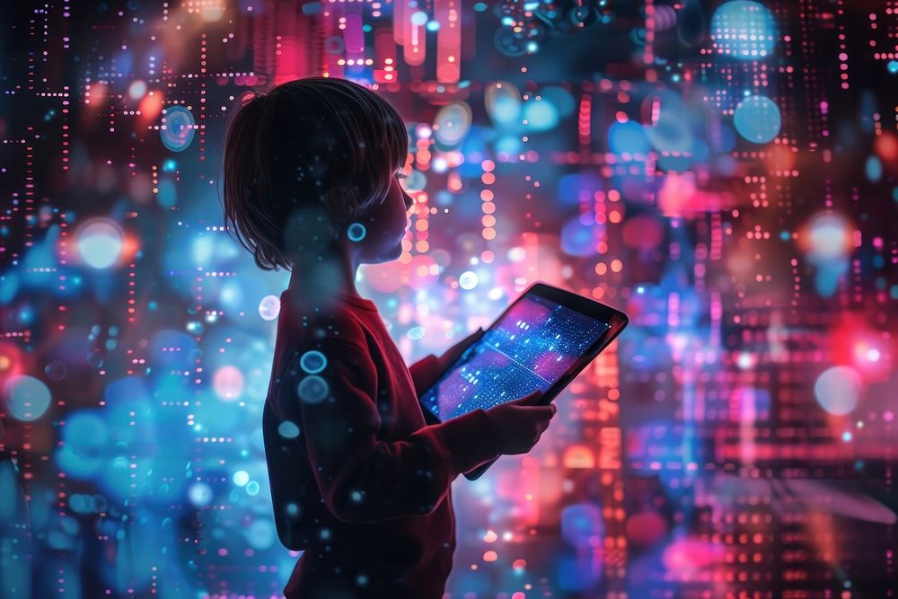 A kid holding a tablet and interact with metaverse technology futuristic computer illuminated.