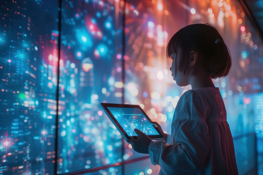 A kid holding a tablet and interact with metaverse technology computer illuminated electronics.