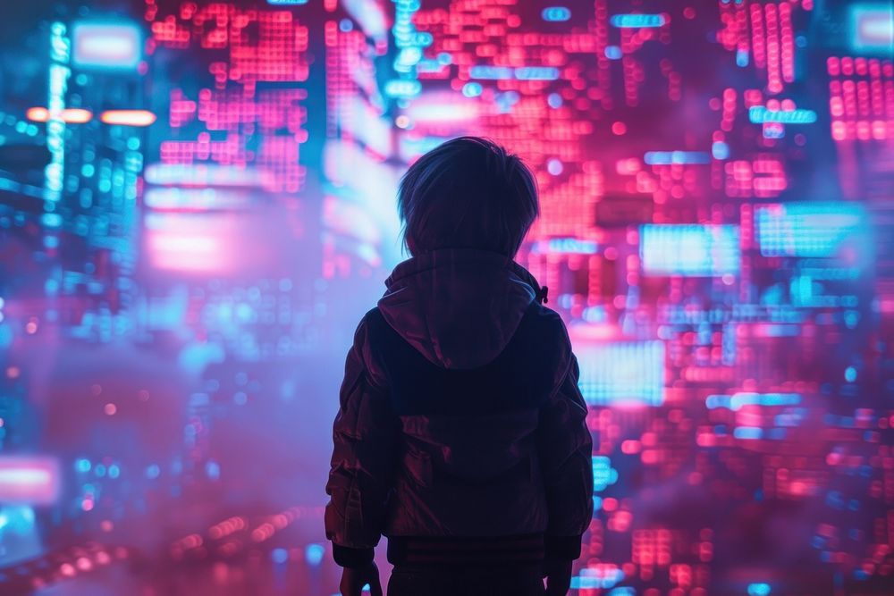 A kid interact with metaverse technology futuristic light architecture.
