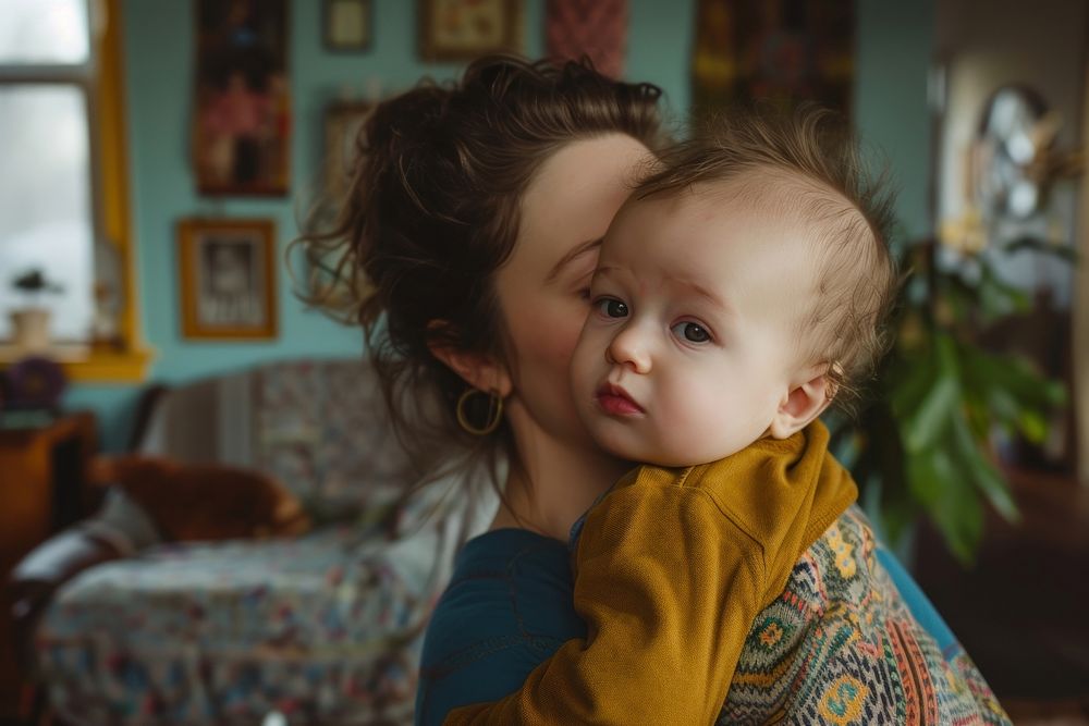 A loving american mother kissing her adorable little baby boy cradled in her arms at home photography portrait child.