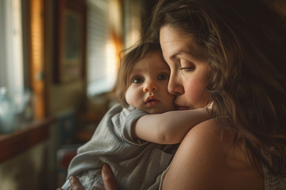 A loving american mother kissing her adorable little baby boy cradled in her arms at home photography portrait adult.
