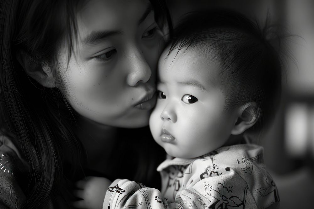 A loving asian mother kissing her adorable little baby boy cradled in her arms at home photography portrait skin.