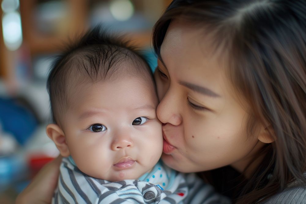 A loving asian mother kissing her adorable little baby boy cradled in her arms at home photography portrait newborn.