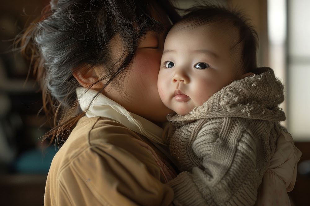A loving asian mother kissing her adorable little baby boy cradled in her arms at home photography portrait hugging.