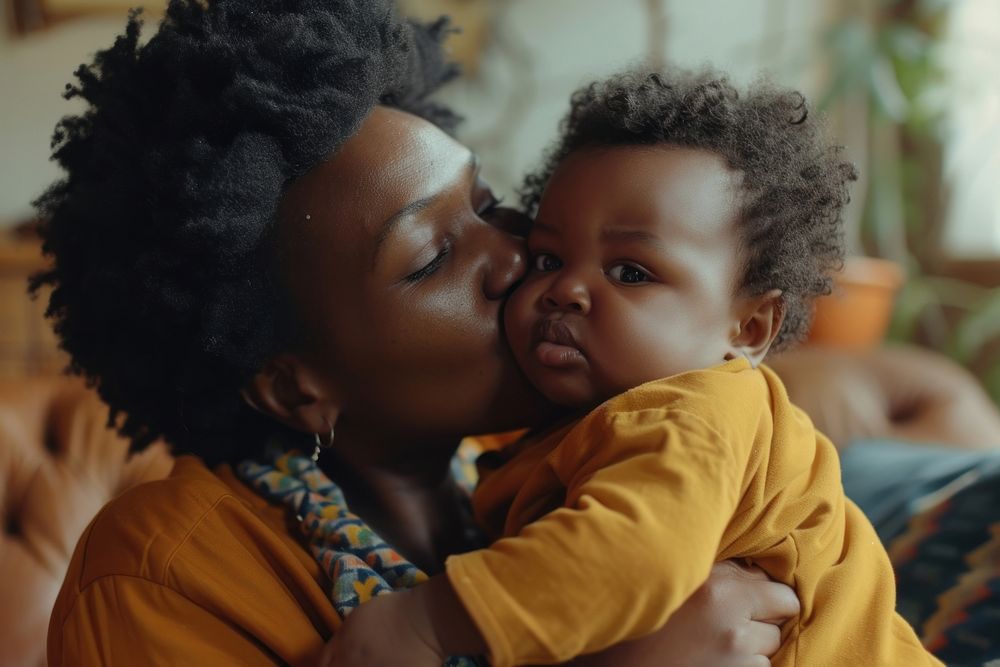 A loving black mother kissing her adorable little baby boy cradled in her arms at home photography portrait affectionate.