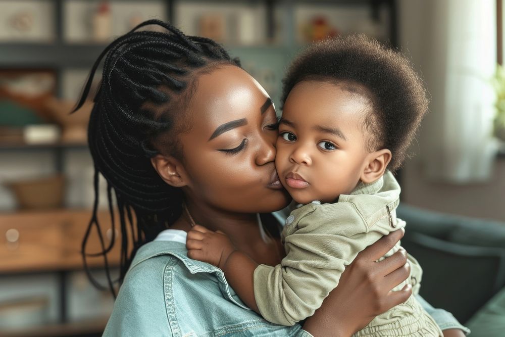 A loving black mother kissing her adorable little baby boy cradled in her arms at home photography portrait hugging.
