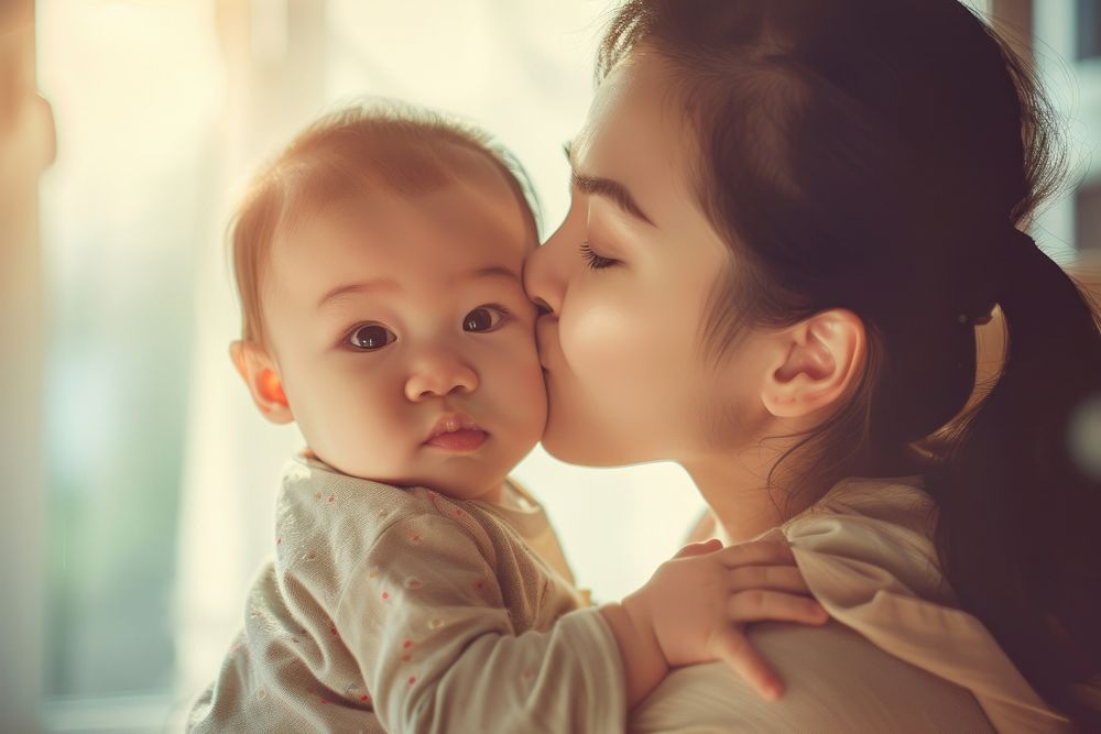 A loving mother kissing her adorable little baby boy cradled in her arms at home photography portrait affectionate.