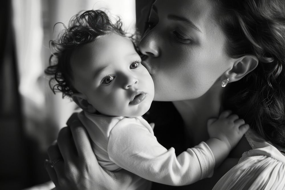 A loving mother kissing her adorable little baby boy cradled in her arms at home photography portrait adult.